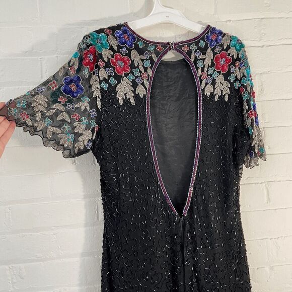 VTG Laurence Kazar 100% Silk Beaded Sequin Embellished Cocktail Party Dress - M - Picture 7 of 8